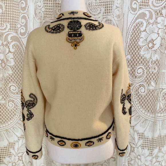 Vintage Premode Wool Beaded Cardigan Jacket (M) I Pearl & Gold Bead Embellished - Picture 3 of 11